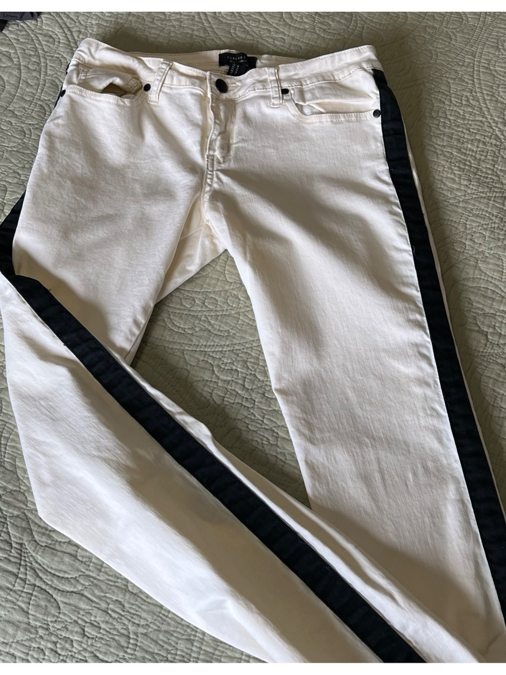 Forever 21 White Skinny Jeans with Black Side Stripes